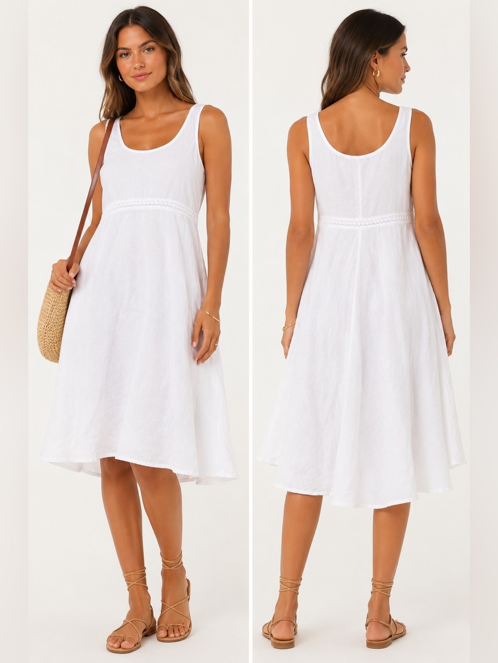BlueBerry Italia White Linen Sleeveless Dress – Size Large Crochet Waist